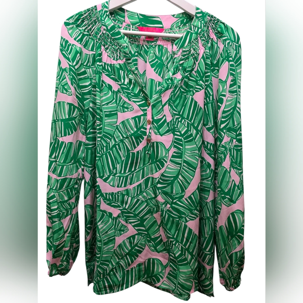 Lilly Pulitzer Elsa Silk Top Conch Shell Pink Lets Go Bananas Size LARGE - Picture 4 of 13